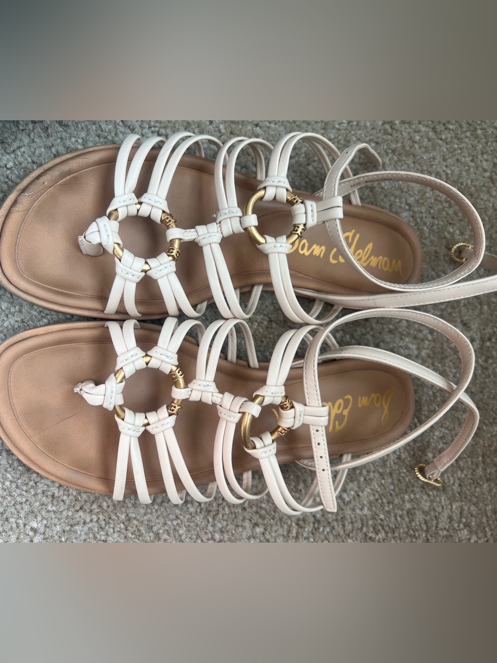 Sam Edelman Cream Multi-Strap Sandals with Gold Ring Detail